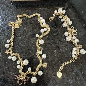 Gold and Pearl Dior Necklace with Star & 4-Leaf Clover Charms